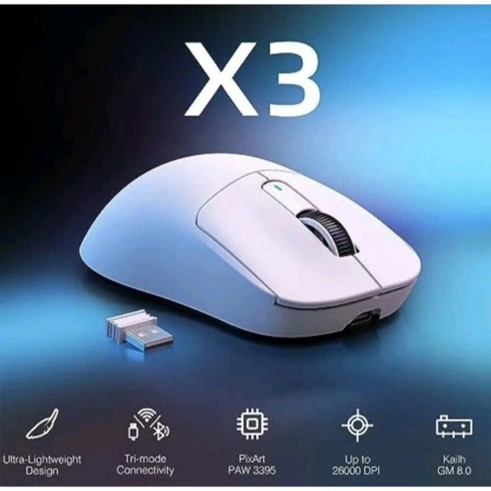 Attack Shark X3 Gaming Mouse PAW3395 49g Wireless 2.4G BT5.4 Wired USB-C White